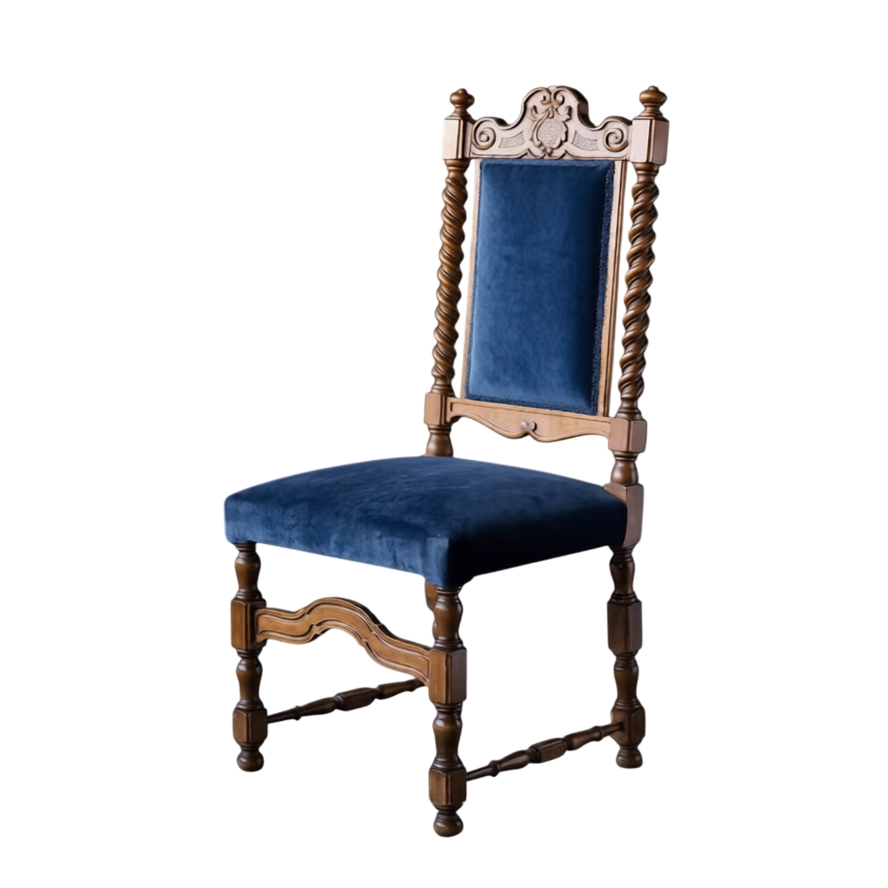 Classic Solid Wood Dining Chair Blue Velvet Upholstered Seat Hand Carved