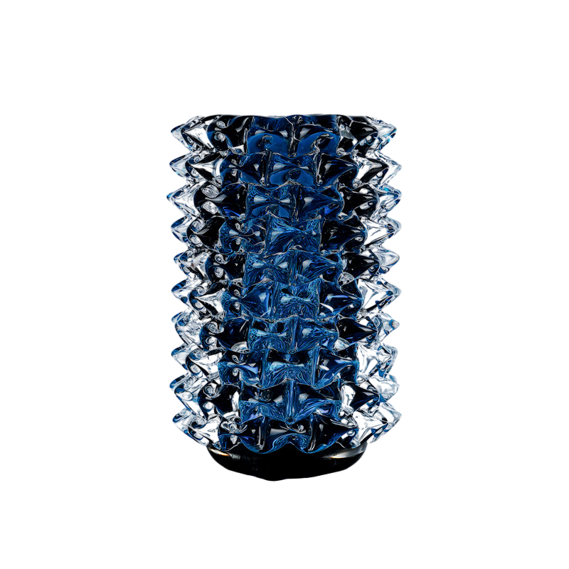 Heavy Blue Art Glass Vase, Textured Cylinder Decorative Flower Vase