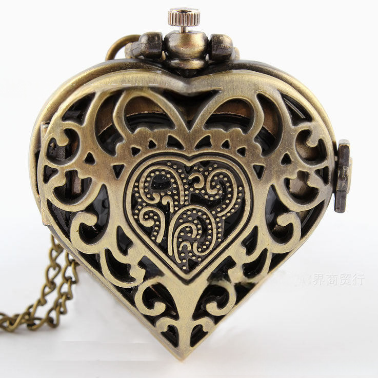 Vintage Heart Shape Pocket Watch Necklace for Women