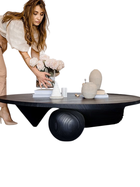 Modern Round Coffee Table with Sculptural Wood Base