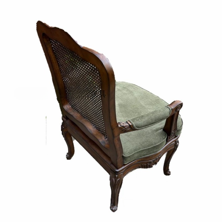 Vintage Rattan Accent Armchair – Solid Wood Upholstered Lounge Chair