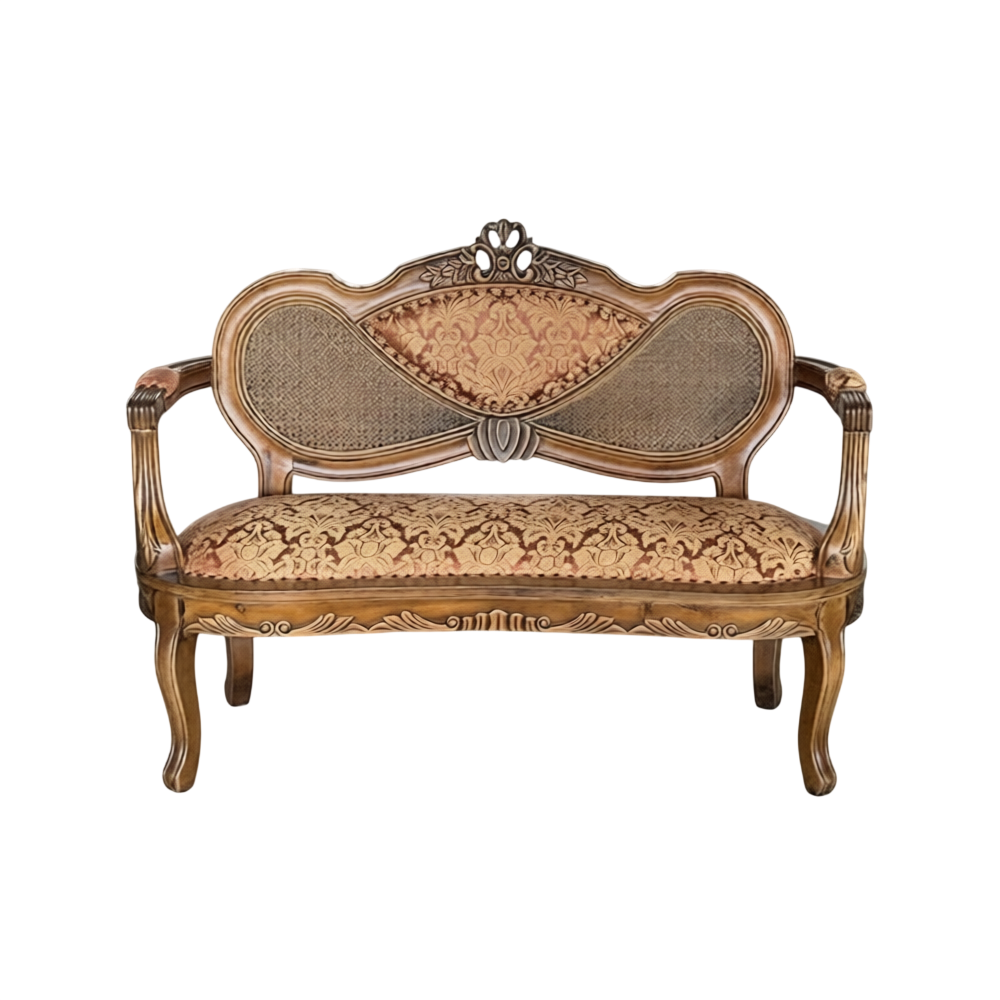 Vintage Style Solid Wood Loveseat Sofa Hand Carved Rattan Back Upholstered Bench