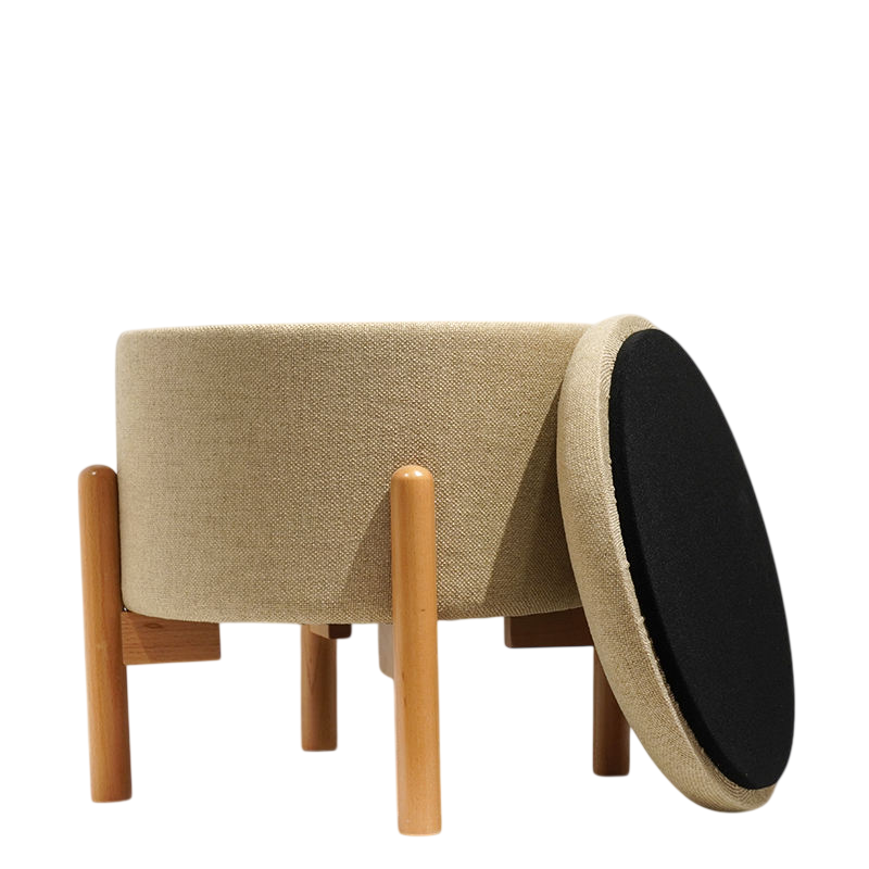 Round Upholstered Ottoman Stool with Solid Wood Legs, Modern Fabric Footrest
