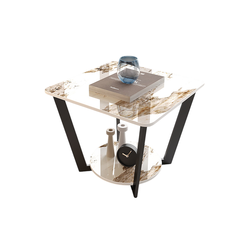 Modern Square Side Table with Marble Style Top and Shelf, Contemporary End Table