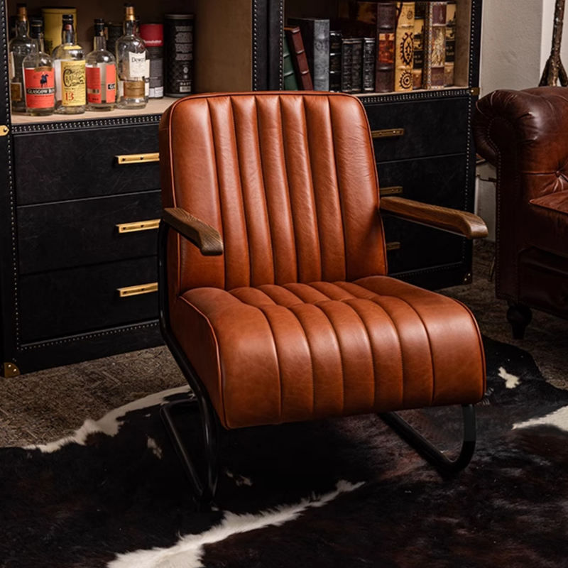 Thumbnail: Mid Century Modern Accent Chair, Vintage Leather Lounge Chair with Wood Armrests