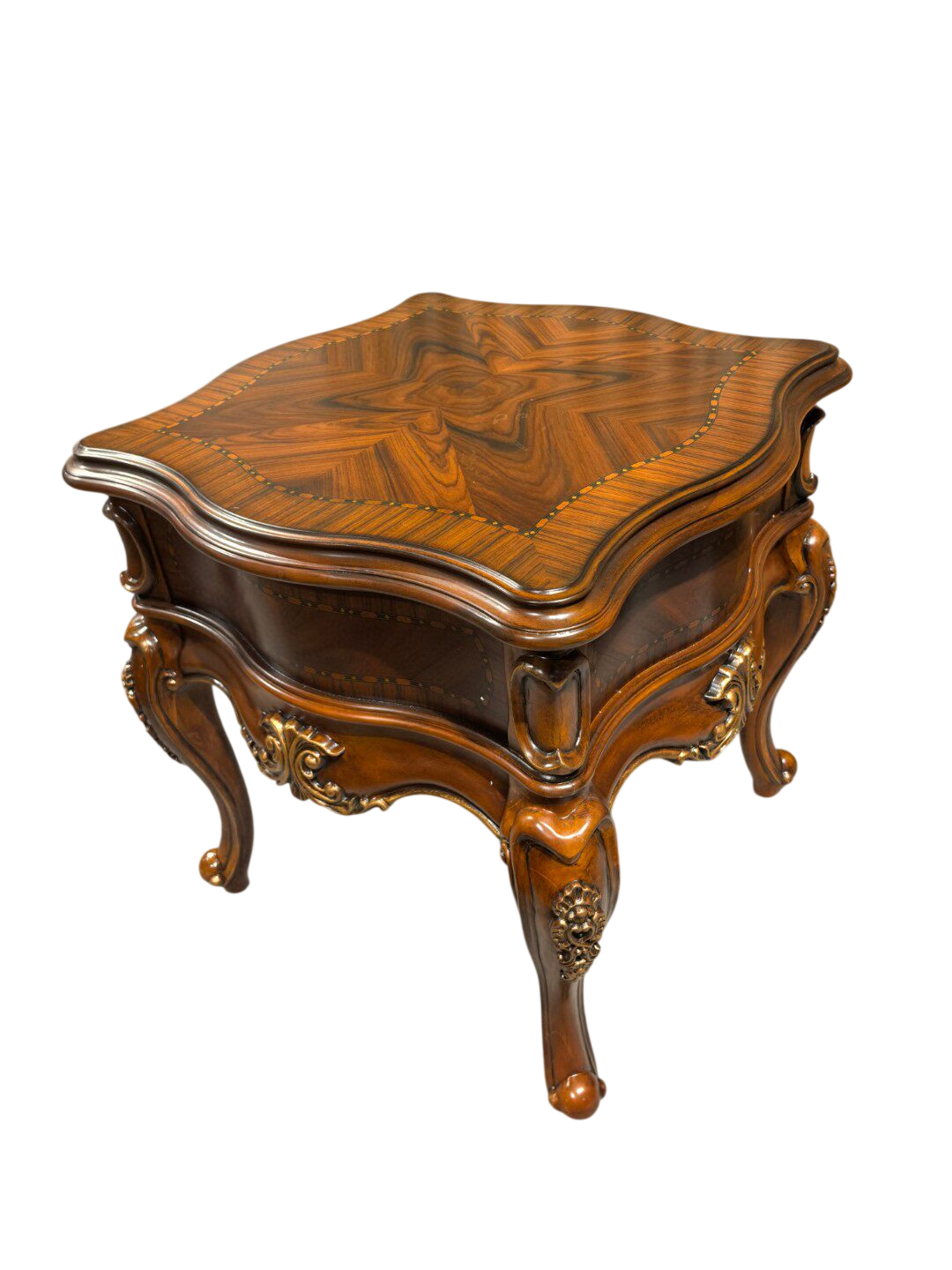 Luxury French Provincial Carved Wood End Table, Vintage Walnut Accent Side Table