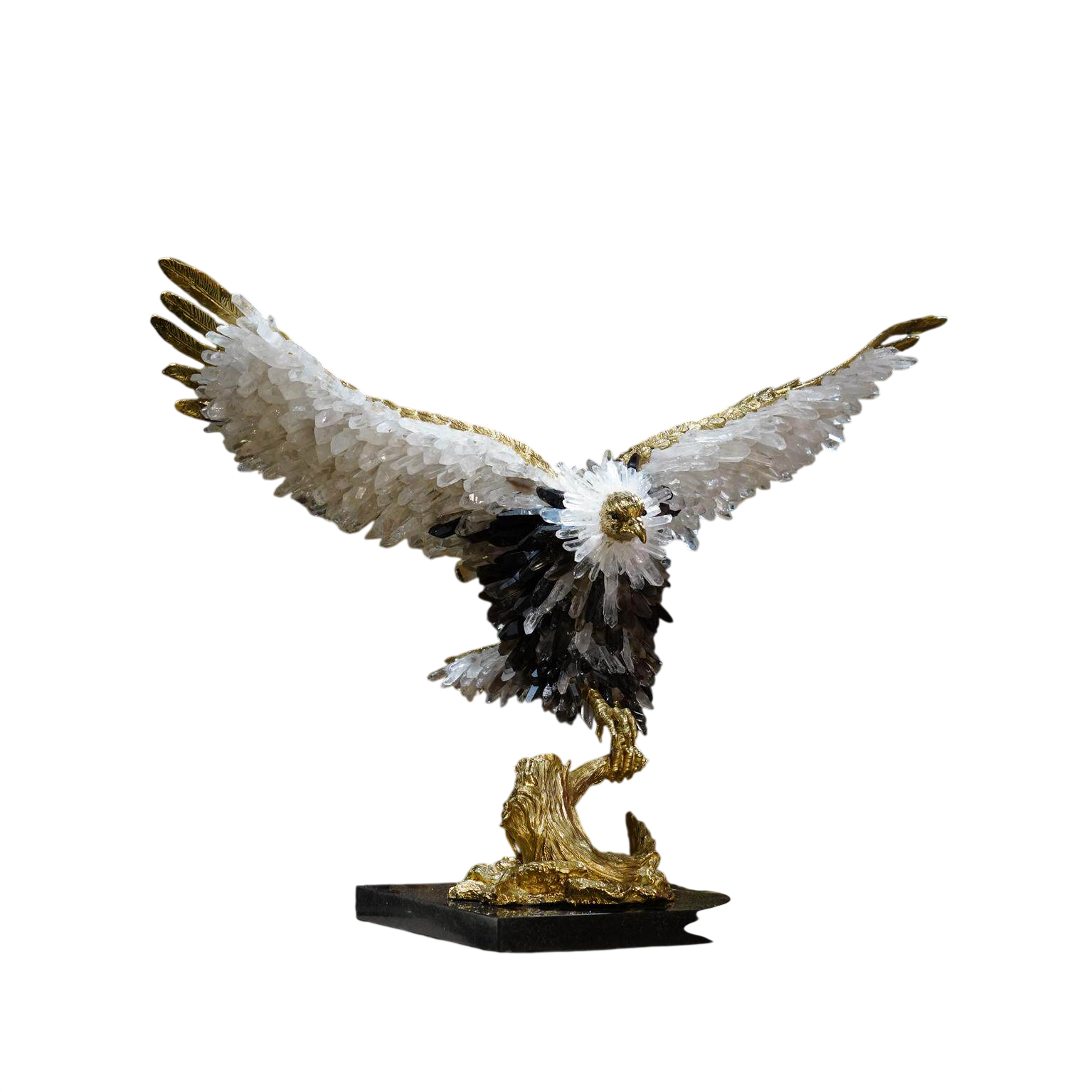 Large Eagle Sculpture with Crystal Stone Wings, Gold Metal Bird Figurine