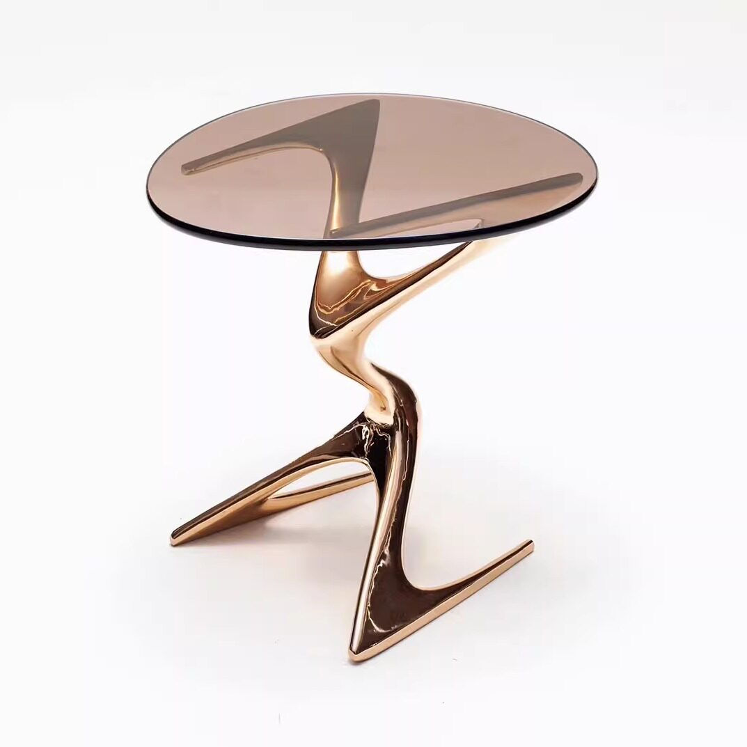 Modern Sculptural Glass Side Table with Metallic Abstract Base