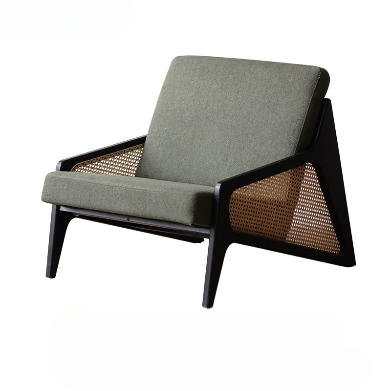 Solid Wood Lounge Chair with Rattan Side Panels – Modern Upholstered Armchair