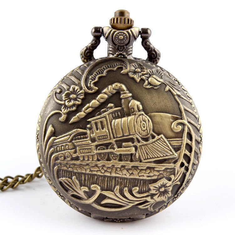 Vintage Steam Train Pocket Watch Antique Bronze Quartz Pendant Watch