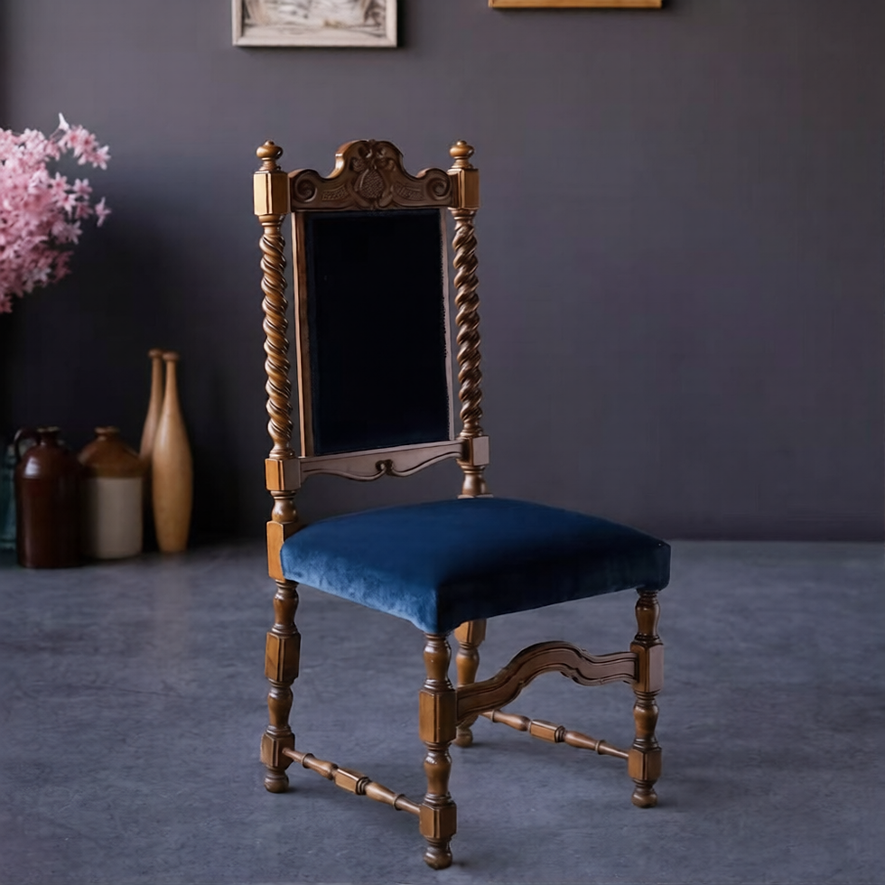 Thumbnail: Classic Solid Wood Dining Chair Blue Velvet Upholstered Seat Hand Carved