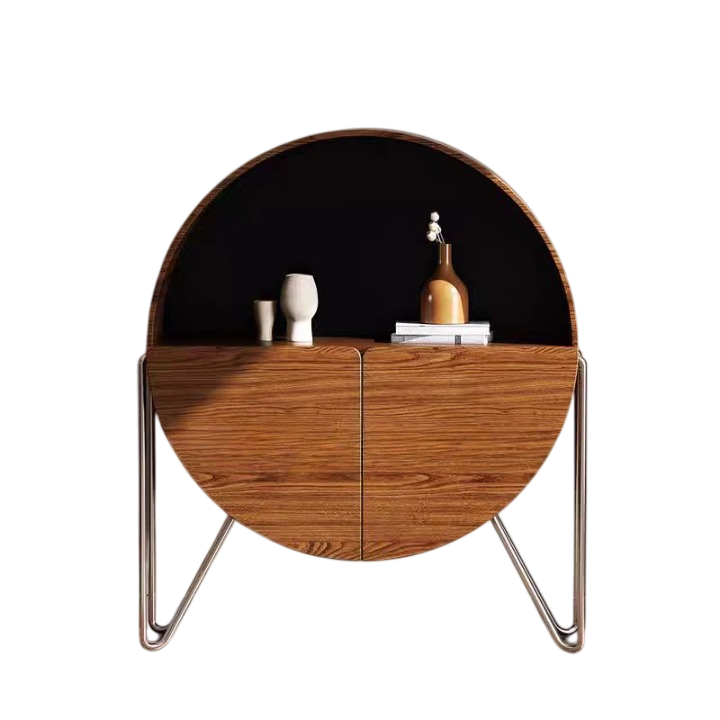 Modern Round Accent Storage Cabinet with Walnut Finish