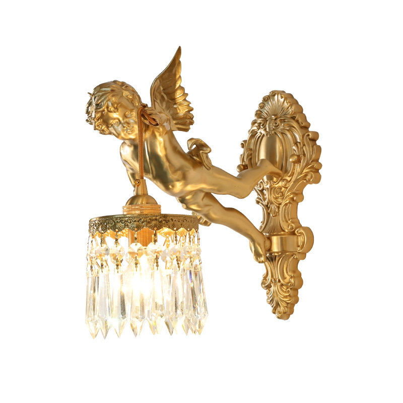 Vintage Cherub Wall Sconce, Gold Brass Angel Wall Light With Crystal Shade