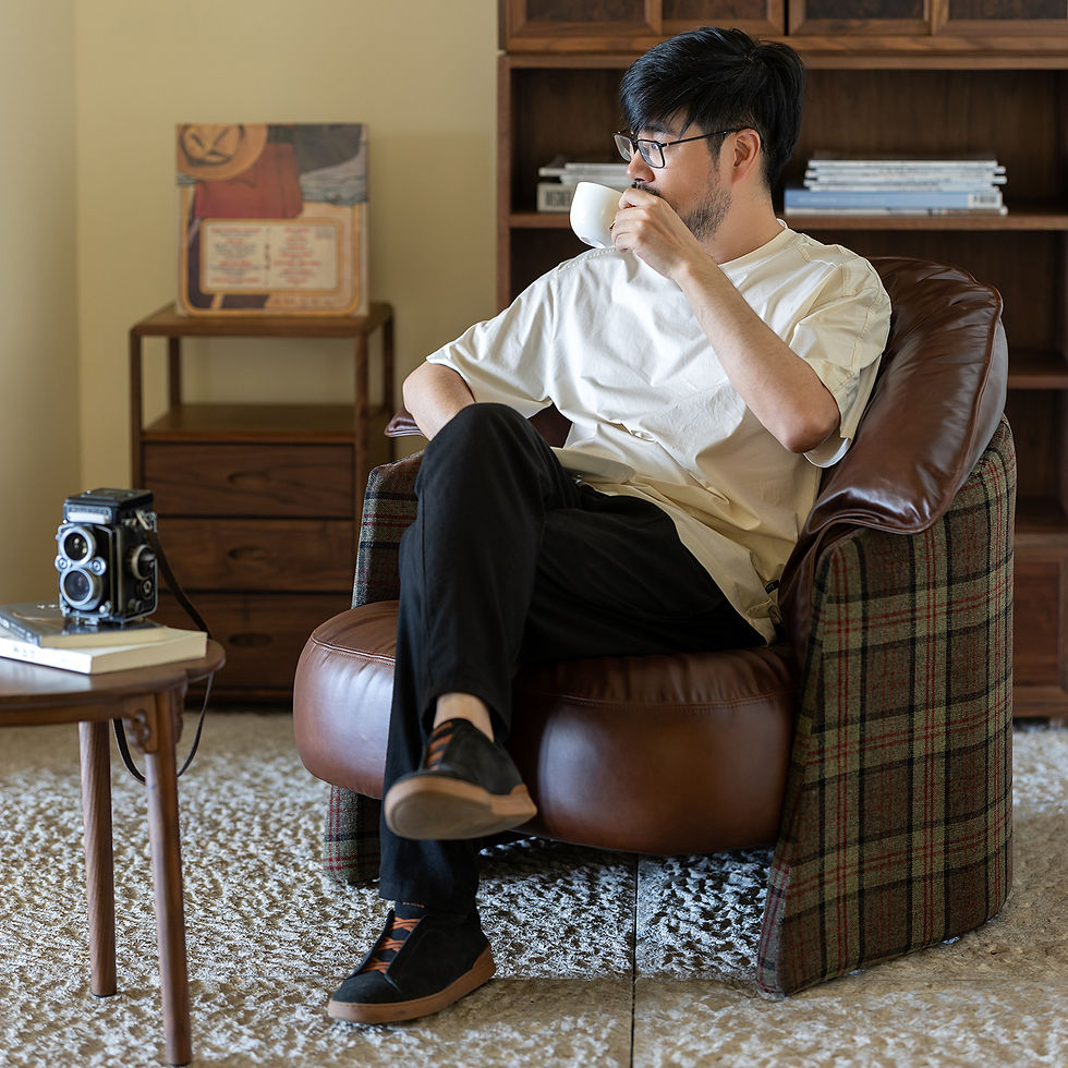 Thumbnail: Vintage Leather Accent Chair, Single Sofa Chair with Plaid Fabric Sides