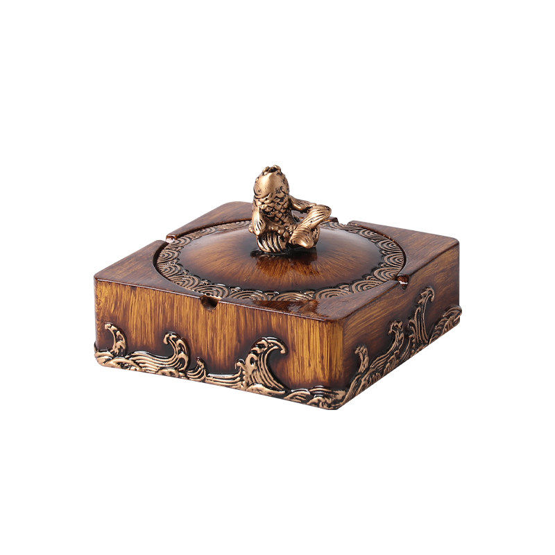 Vintage Covered Ashtray with Lid, Decorative Square Resin Cigarette Ash Tray