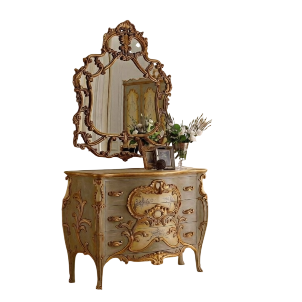 Luxury French Antique 3 Drawer Chest with Mirror, Hand-Carved Solid Wood Dresser