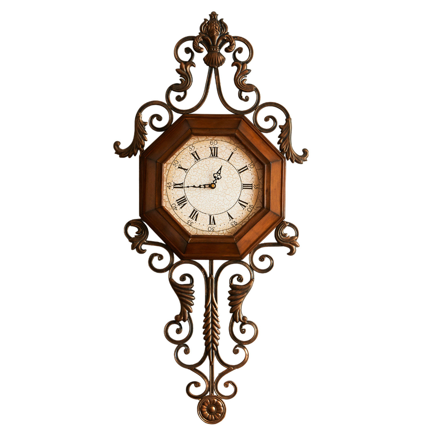 Vintage Wooden Wall Clock with Ornate Metal Frame, Decorative Silent Wall Clock
