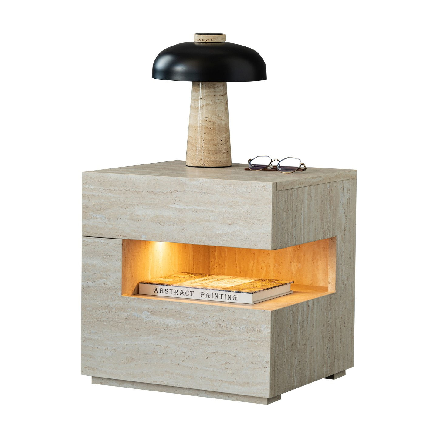 Modern Floating Nightstand with LED Light, Minimalist Stone Texture Table