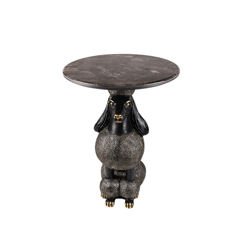 Modern Poodle Dog Side Table with Round Marble Style Top