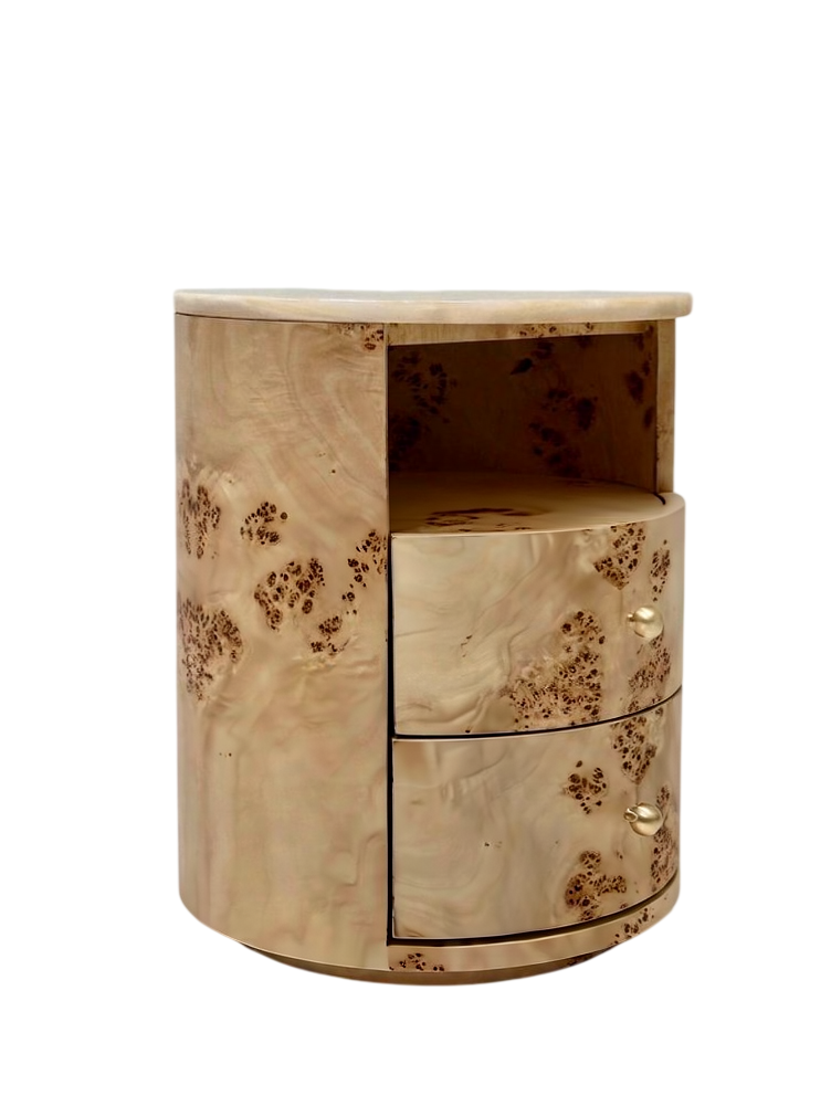 Round Solid Wood Nightstand with Burl Wood Finish, Modern Bedside Table