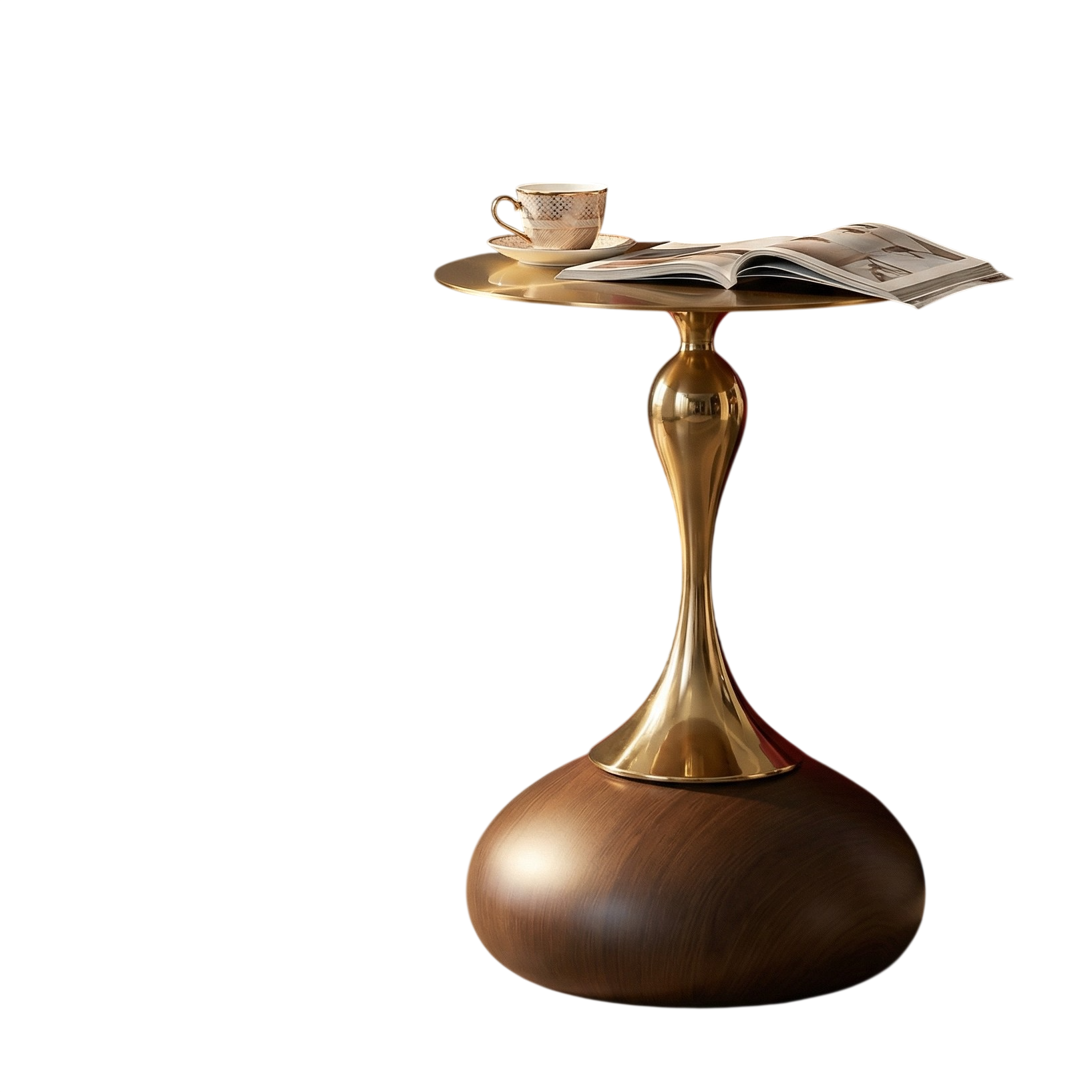 Luxury Gold Pedestal Side Table, Modern Round Accent Table with Wood Grain Base