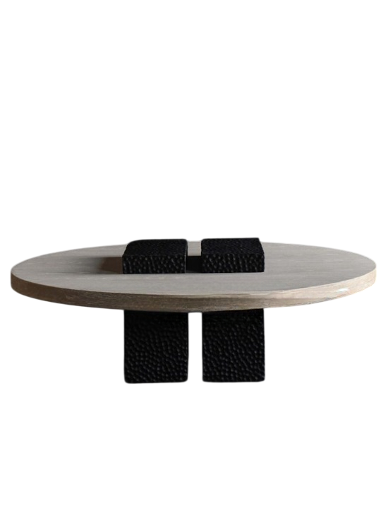Modern Round Coffee Table with Sculptural Dual Base, Solid Wood Center Table