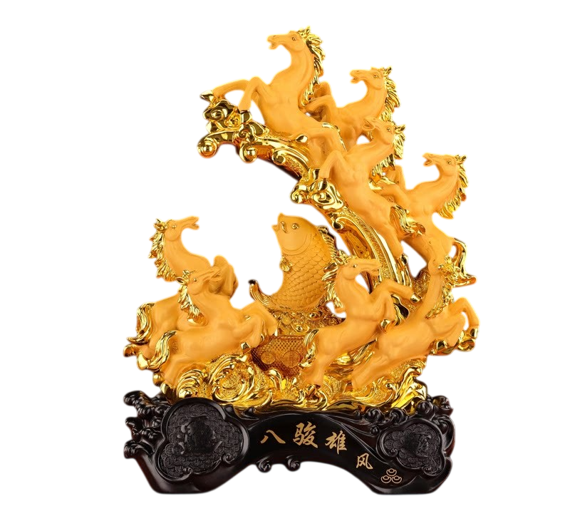 Gold Running Horses with Fish Statue, Horse Figurine Resin Luxury Decor