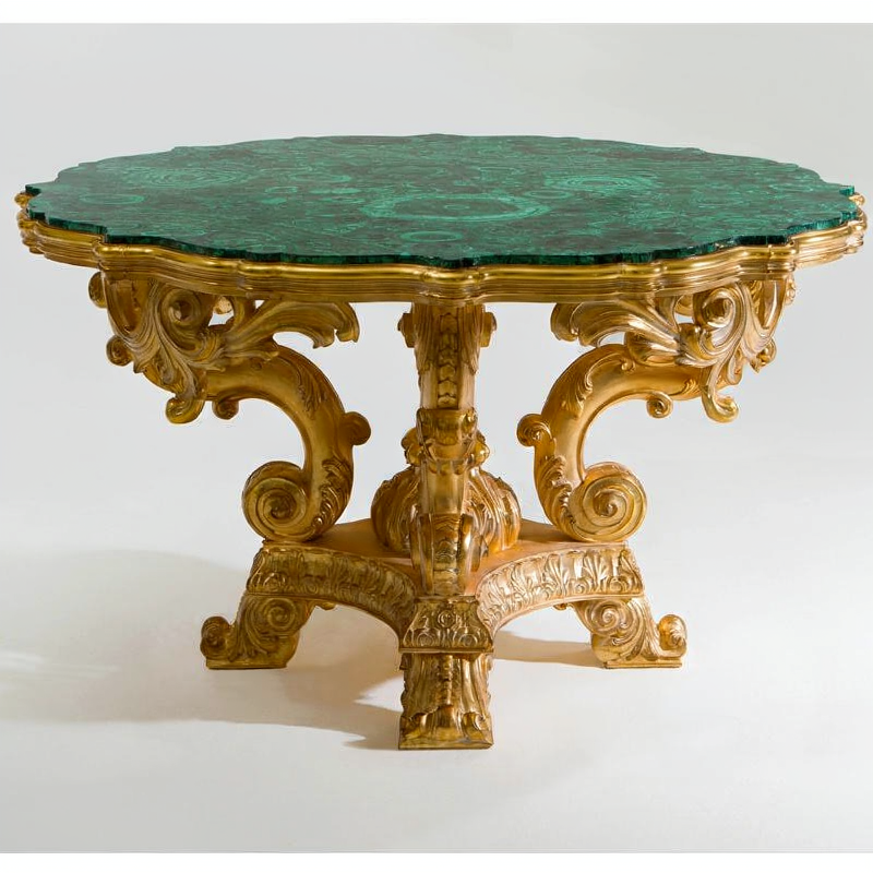 Luxury Green Marble Top Side Table, Rococo Style Hand-Carved Wooden End Table