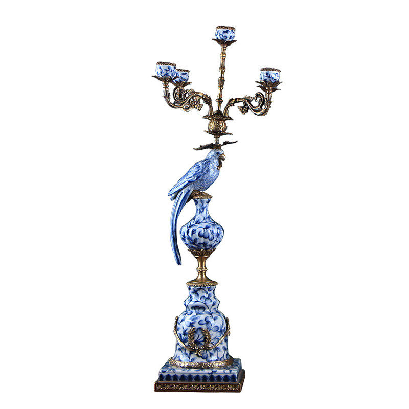 Thumbnail: Blue and White Porcelain Parrot Candelabra Set, Brass and Ceramic Candle Holders