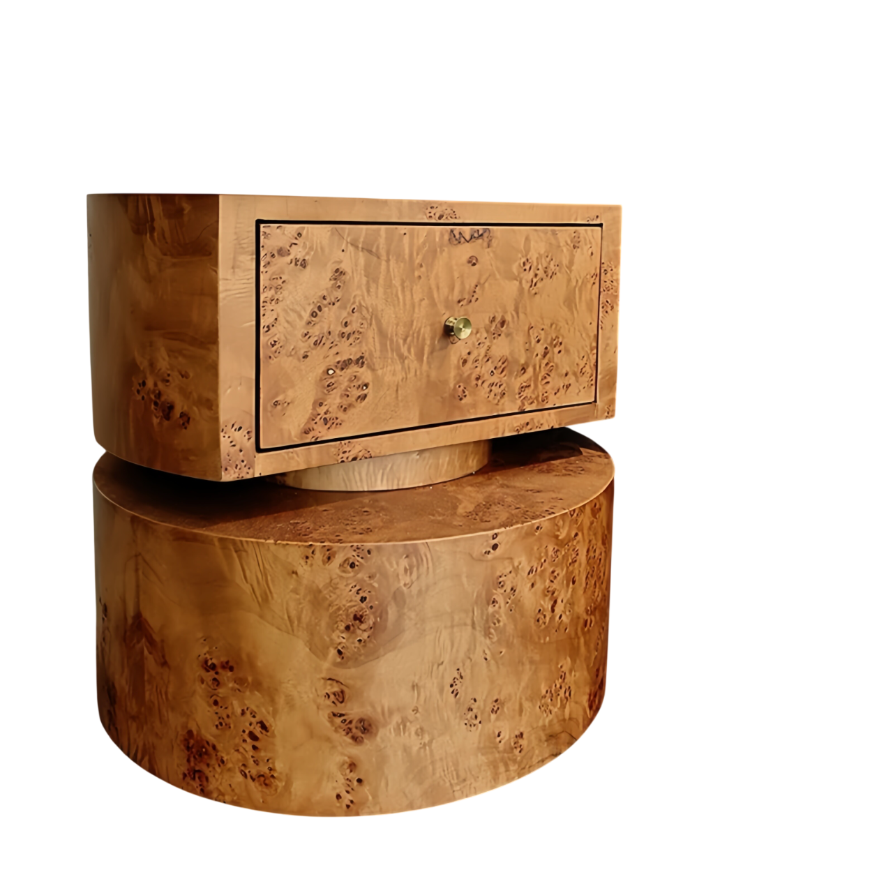 Round Solid Wood Burl Nightstand with Drawer, Luxury Modern Bedside Table