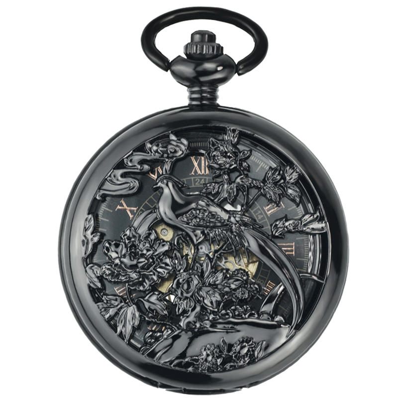 Vintage Black Mechanical Pocket Watch with Phoenix Engraving