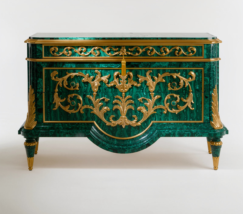 Luxury Green Marble Chest of Drawers, Hand-Carved Rococo Style Sideboard Cabinet