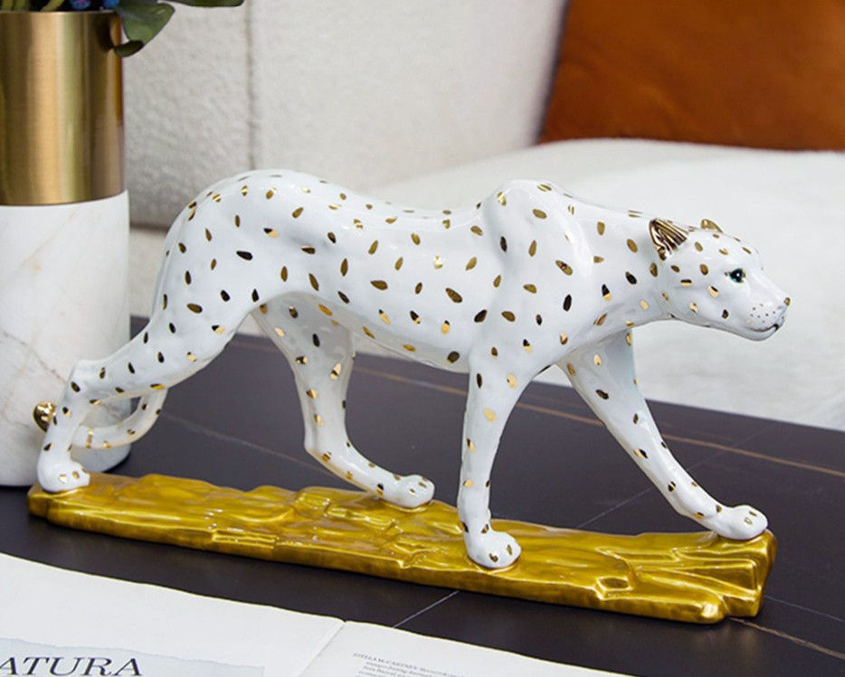 Thumbnail: Luxury Walking Leopard Ceramic Figurine Gold Accent Panther Sculpture 
