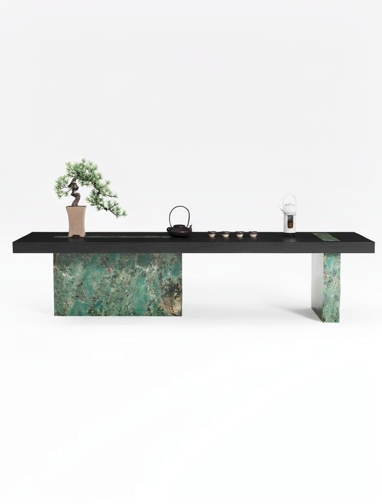 Modern Luxury Tea Table with Green Stone Base – Minimalist Solid Wood Tea Desk