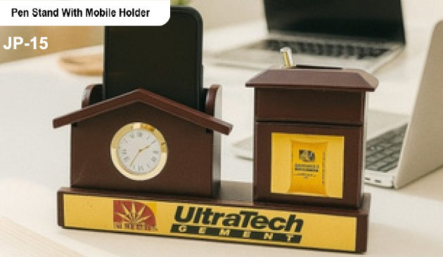 Wooden House Design Pen Stand with Mobile Holder & Clock – Desk Organizer (JP-15