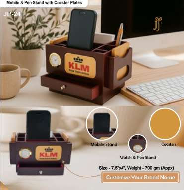 Executive Wooden Mobile & Pen Stand with Coasters – Premium Desk Organizer