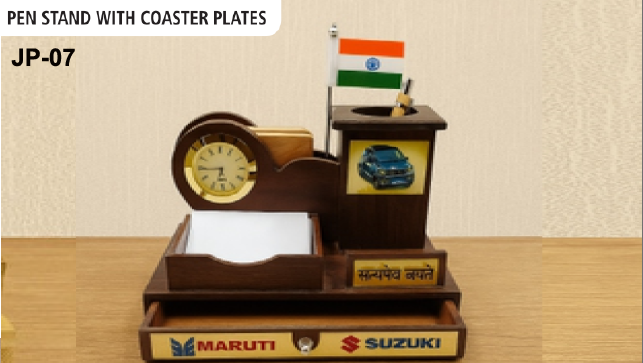 Premium Wooden Pen Stand with Clock & Coaster Plates (JP-07)