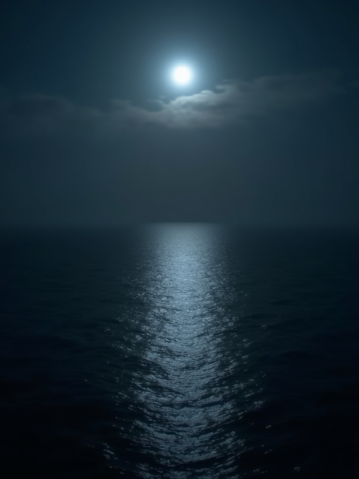 A calm dark ocean surface reflecting faint moonlight in the ripples.