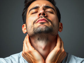 A man resting his hands on his neck, eyes closed, releasing tension — symbolising emotional and physical healing through homeopathy