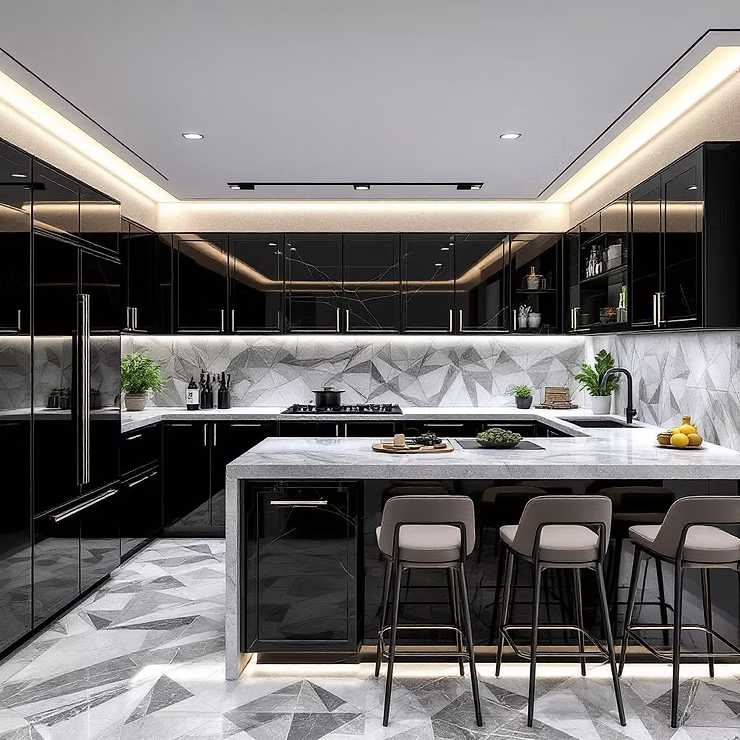 Sleek and modern kitchen design featuring glossy black cabinetry, a geometric backsplash, and ambient lighting, creating a luxurious and inviting culinary space.