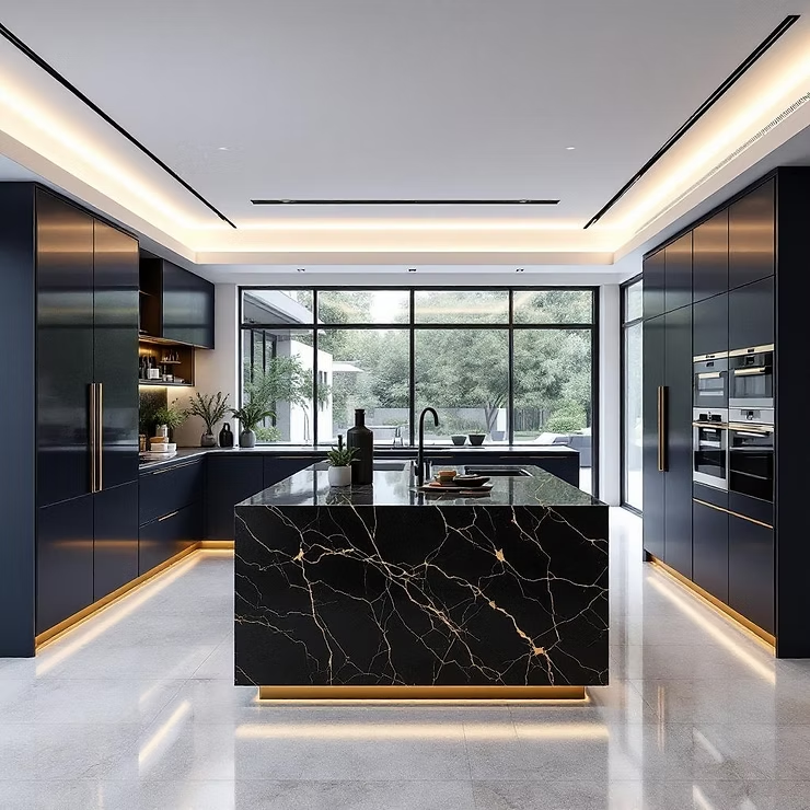Sleek and modern kitchen design featuring a spacious island with a striking black marble finish, complemented by dark cabinetry and ambient lighting, overlooking a lush garden through large windows.
