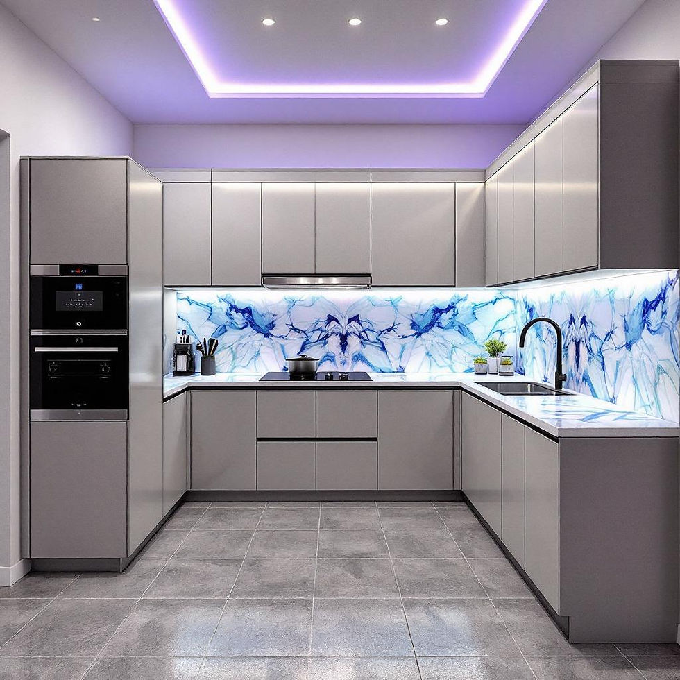 Modern kitchen design featuring sleek gray cabinetry and stunning blue and white marble-patterned backsplash, illuminated by subtle under-cabinet and ceiling LED lighting.