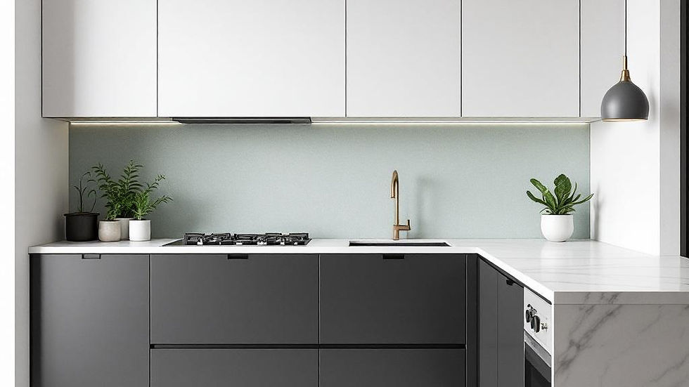 Modern kitchen with white and gray cabinets, marble countertop, plants, gas stove, and brass faucet. Soft lighting and minimalist design.