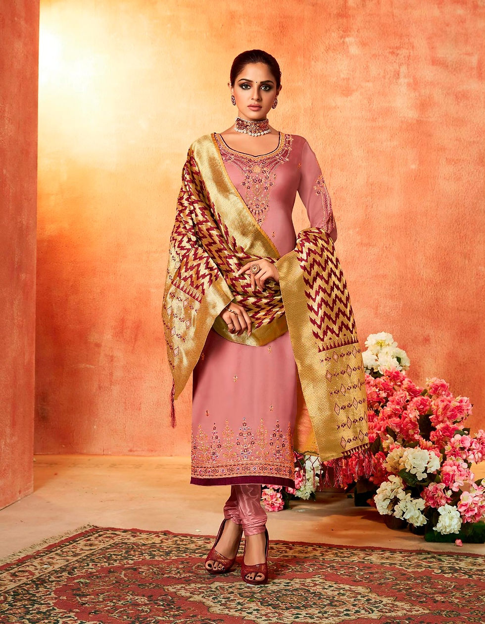 Satin Georgette Suite With Embroidery & Diamond Work