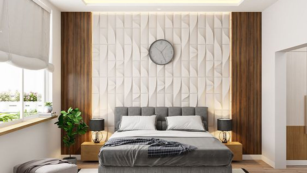 Modern bedroom with a gray bed, white textured wall, and wall clock. Wooden accents, plant by window, soft lighting, cozy ambiance.