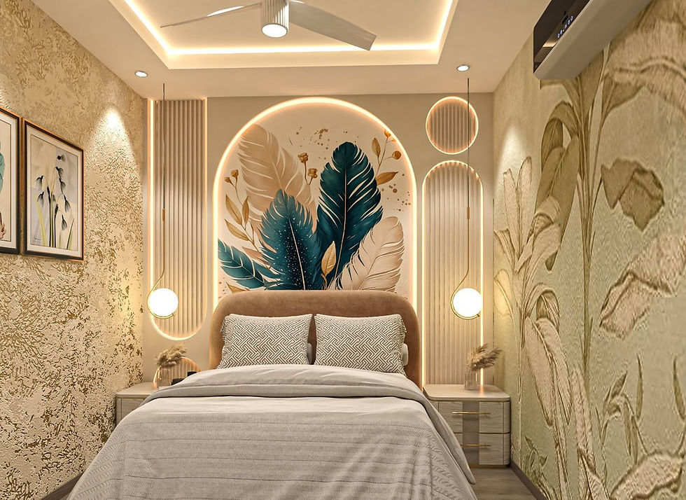 Stylish beige bedroom with a made bed, feather mural headboard, glowing wall lights, patterned pillows, and leafy wallpaper.
