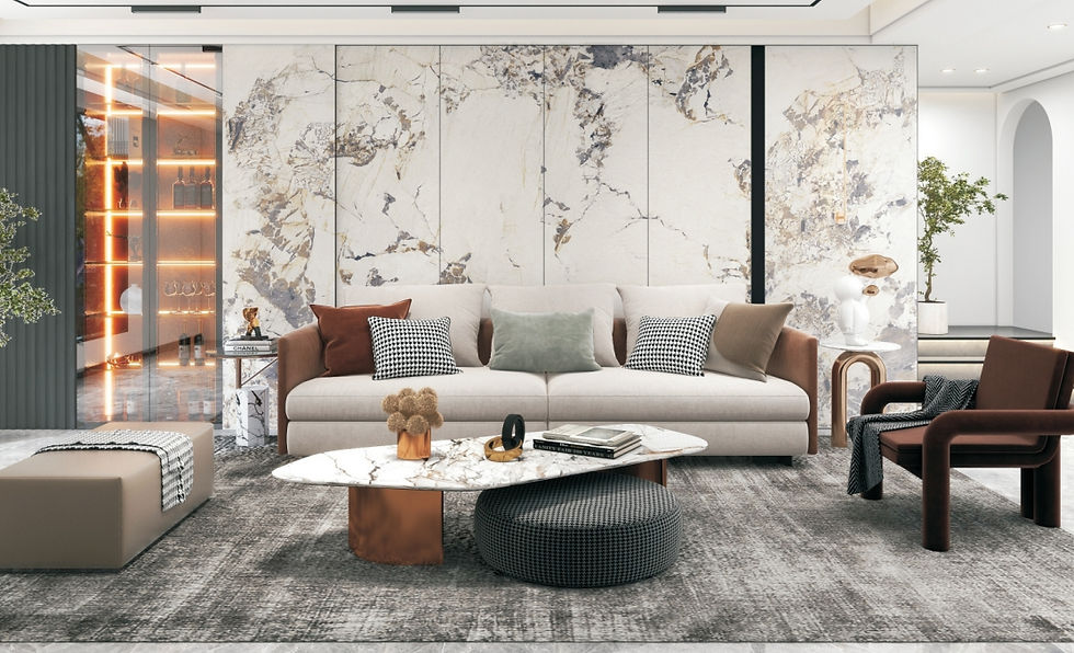 Modern living room with beige sofa, mixed pillows, marble coffee table, and abstract wall art. Warm lighting creates a cozy atmosphere.