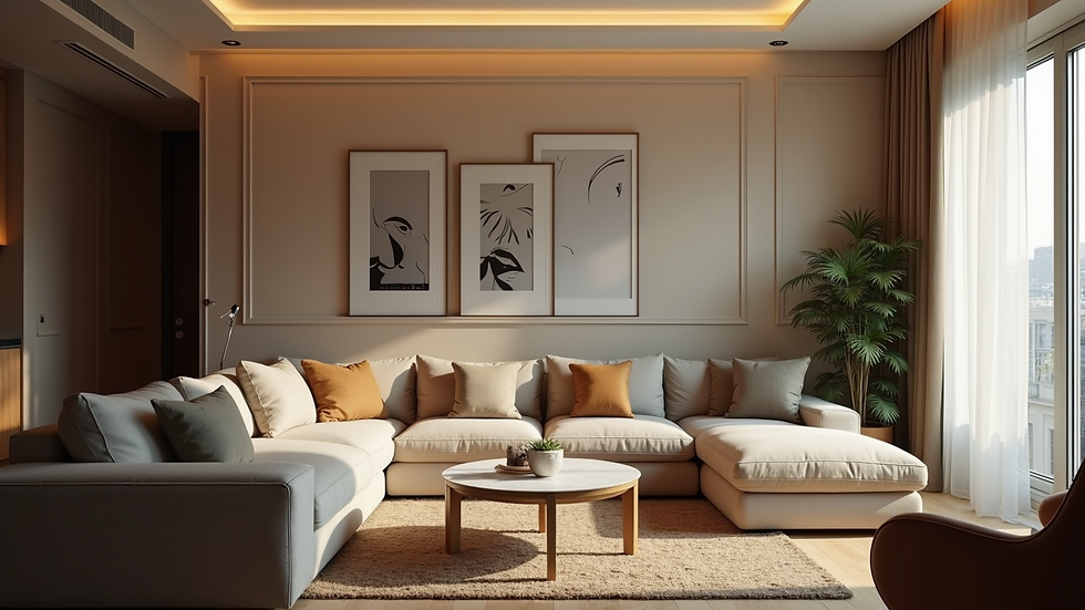 Eye-level view of modern living room with warm efficient lighting