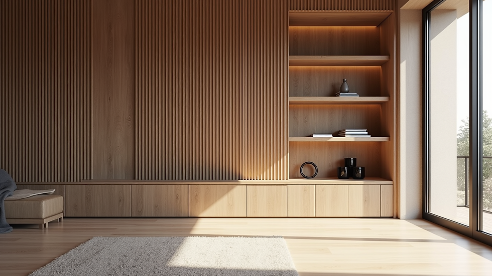 Eye-level view of wooden slat wall partition with built-in shelves in a living room