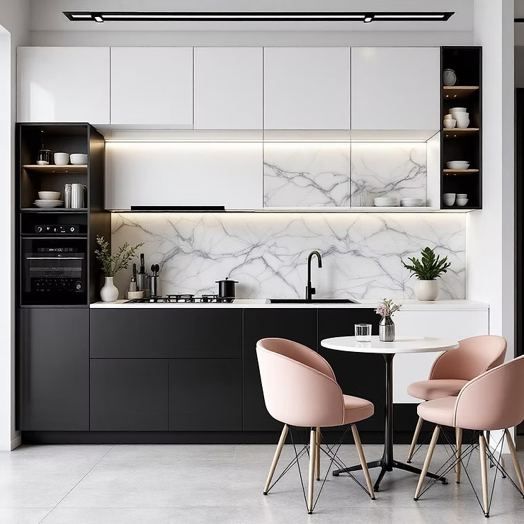 Sleek modern kitchen design featuring a stylish combination of black and white cabinetry, marble backsplash, and minimalist decor. The space is complemented by a small dining area with blush pink chairs, creating a cozy and elegant atmosphere.